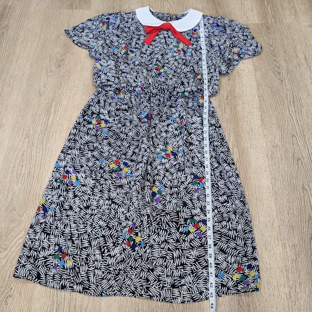 Vintage 80s Peter Pan Collar Abstract Dress L Bow Tie Blouson Art Teacher Quirky - Picture 12 of 16